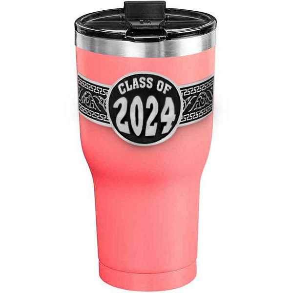 A customized tumbler made of stainless steel with a personalized engraved Class of 2024 lettering, 30 oz, ideal for coffee or cool drinks